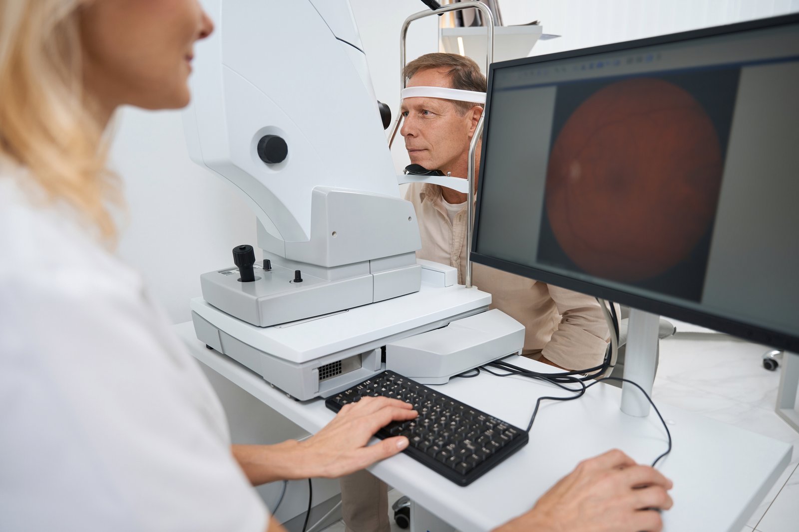 pole-ophtalmologie-colombes-la-defense patient passant une Angiographie - Angio-OCT dans un cabinet d'ophtalmologie